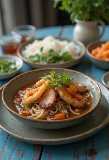 Bun Cha servido com massa de arroz e vegetais frescos