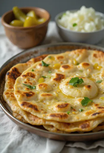 Pães chatos indianos Thepla de couve empilhados com marcas de tostado