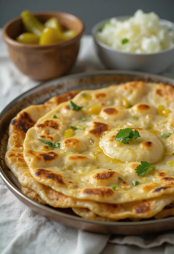 Pães chatos indianos Thepla de couve empilhados com marcas de tostado