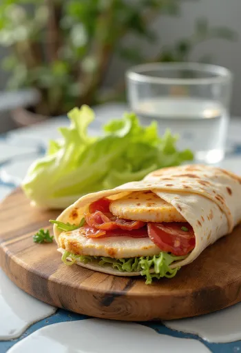 Wrap club sandwich com peito de frango, bacon, queijo e tomate, servido cortado ao meio