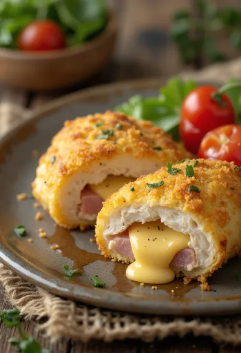 Cordon bleu servido com salada fresca e batatas fritas