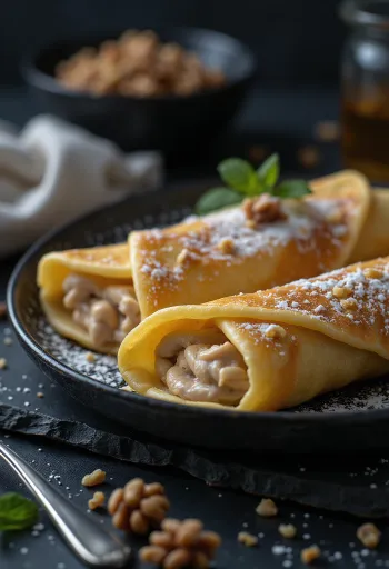 Crepes de noz servidos com molho de chocolate