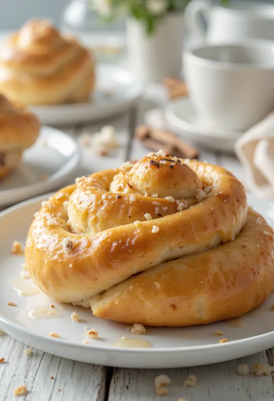 Kanelbulle com recheio de baunilha, rolos de canela frescos e dourados
