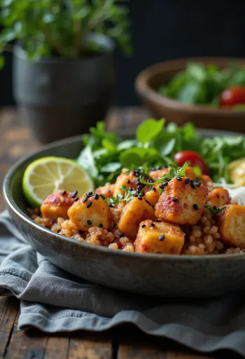 Buddha Bowl de quinoa com tofu de lima e tahini de beterraba ao caril servida