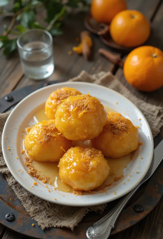 Loukoumades com xarope de laranja, doce grego fresco e doce