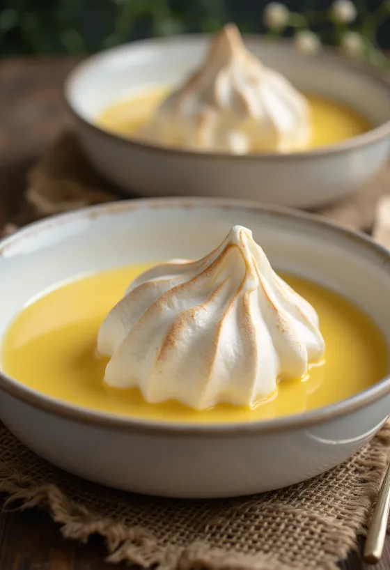 Farófias servidas em taças, decoração de creme de baunilha e claras em castelo