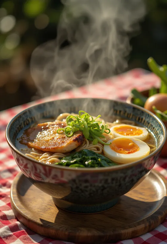 Ramen com coxa de frango frita e ovo mal cozido
