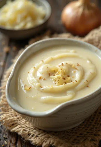 Molho de manteiga com chalota e natas numa tigela, decorado com tomilho fresco.