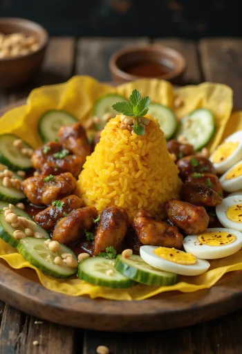 Tumpeng servido com frango frito e amendoim