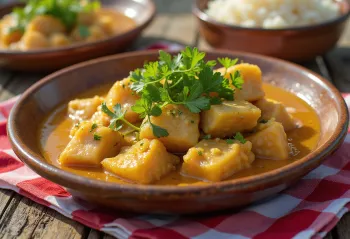 Vatapá de peixe com coentros peixe com leite de coco servido com coentros frescos no prato
