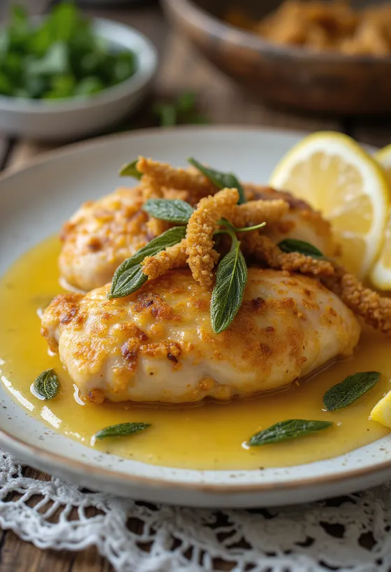 Frango com sálvia, pele crocante e ervas frescas, servido