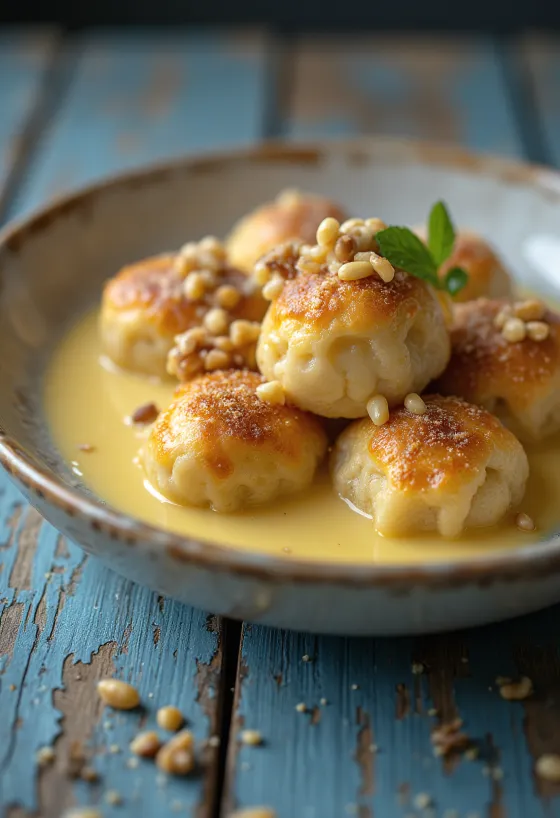 Aranygaluska tradicional com creme de baunilha – Bolinhos macios de noz servidos com creme doce e cremoso.