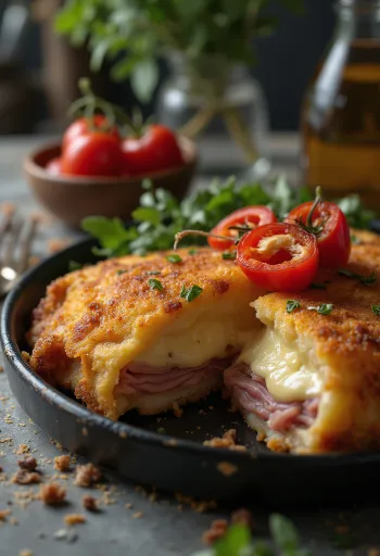 Cachopo servido com batatas fritas e limão