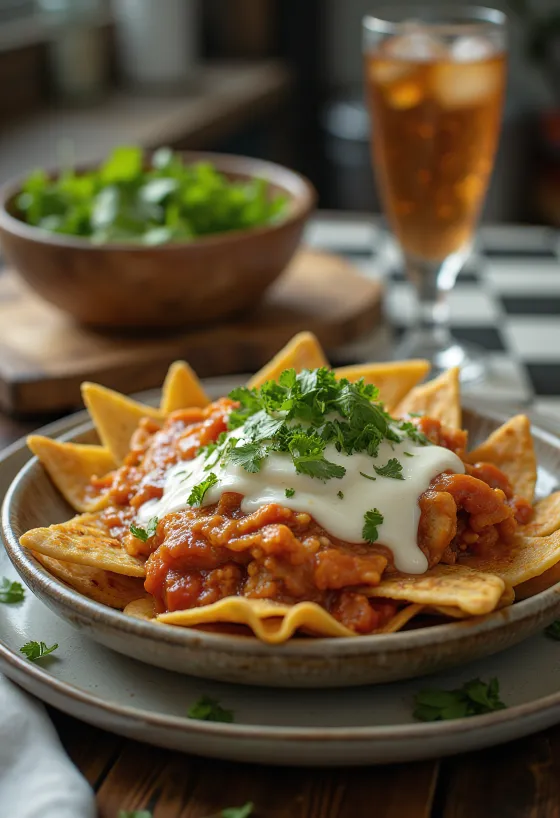 Chilaquiles com Crema Mexicana, pedaços de tortilha crocantes com molho de tomate e coentros frescos