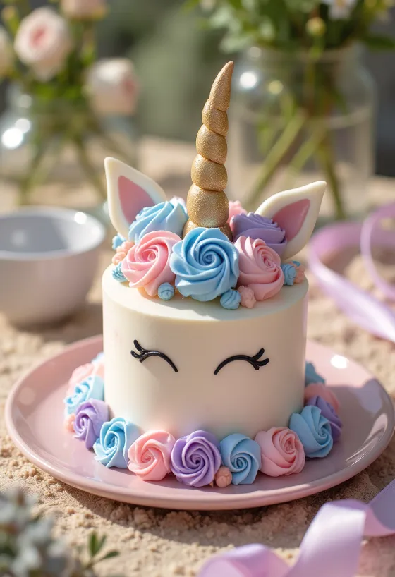 Bolo unicórnio com camadas coloridas e decoração de pasta de açúcar