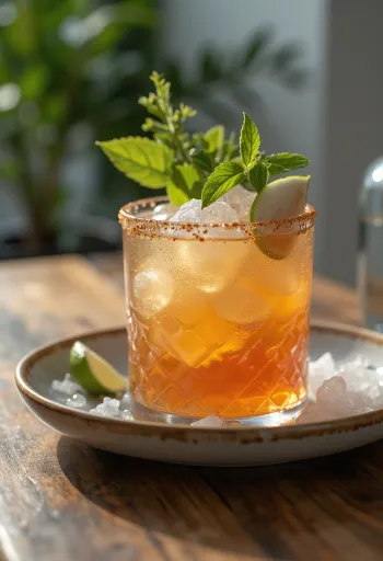 Cocktail Mai Tai decorado com folha de hortelã e fatia de lima