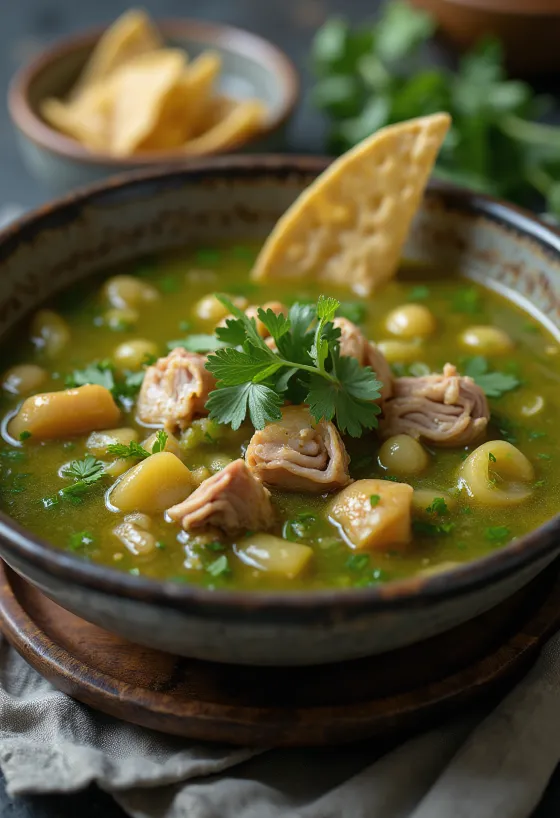 Pozole con tomatillo servido com lima, coentros e cebolinho fresco