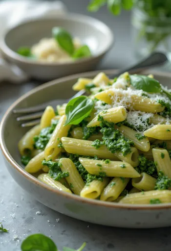Massa cremosa com espinafres polvilhada com parmesão fresco, servida num prato branco.