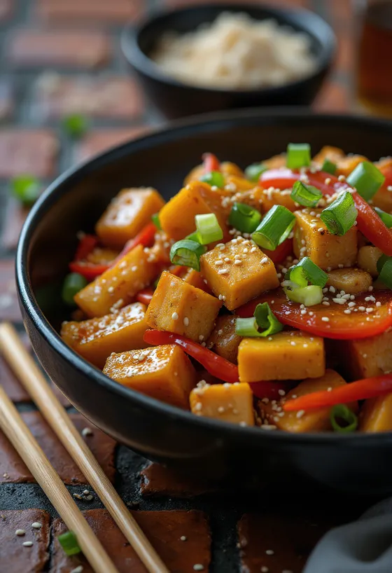 Wok de abóbora com tofu servido