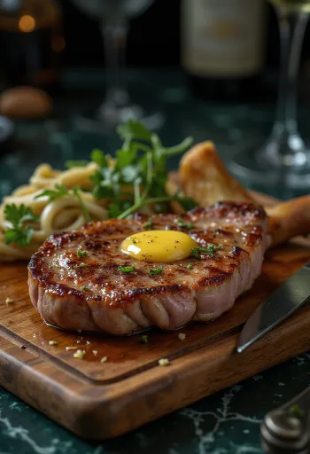Bife de cachaço de porco servido com batatas assadas e legumes