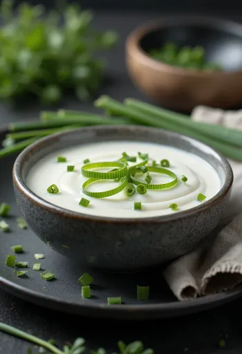 Molho cremoso de cebolinho numa tigela com cebolinho fresco.