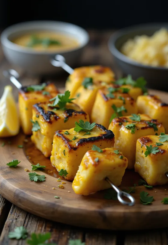 Achari paneer tikka pedaços de paneer grelhados, temperados em marinada de iogurte, servidos com coentros frescos e limão