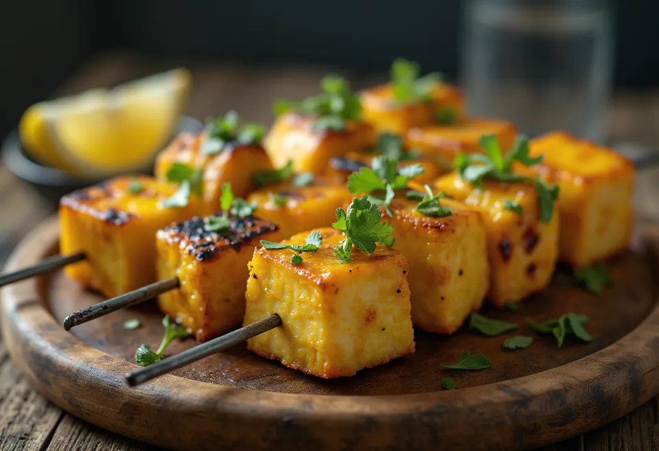 Achari paneer tikka pedaços de paneer grelhados, temperados em marinada de iogurte, servidos com coentros frescos e limão