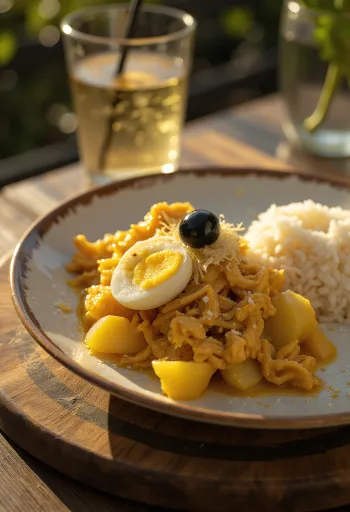 Prato cremoso de Ají de Gallina decorado com ovo cozido e azeitonas