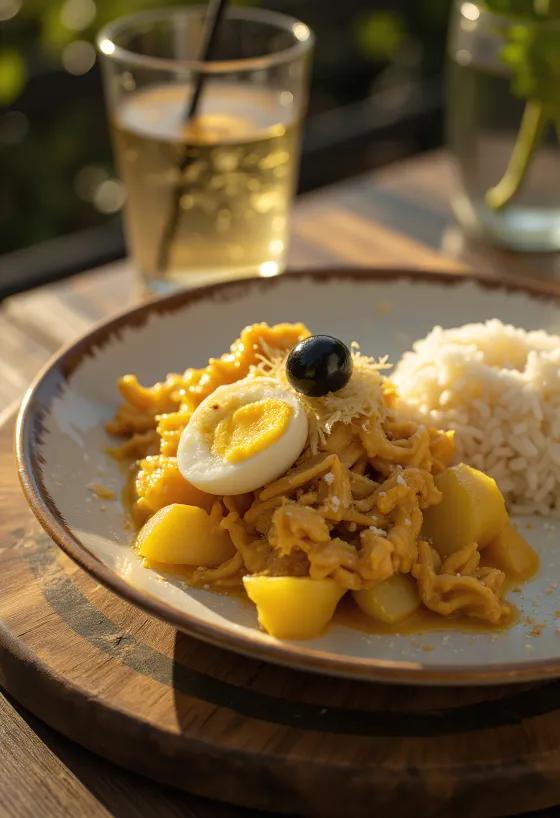 Prato cremoso de Ají de Gallina decorado com ovo cozido e azeitonas