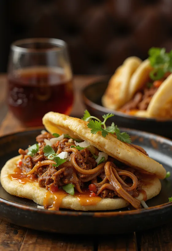 Prato estilo Arepa con Carne Mechada servido