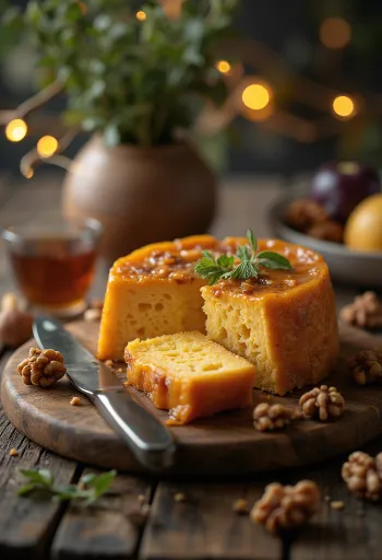 Marmelada amadurecida em cor dourada, decorada com nozes
