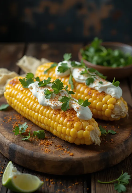 Milho fresco servido com natas azedas, queijo e colorau picante
