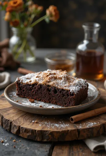 Bolo de chocolate e canela polvilhado com açúcar em pó