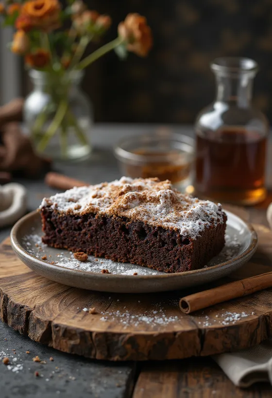 Bolo de chocolate e canela polvilhado com açúcar em pó