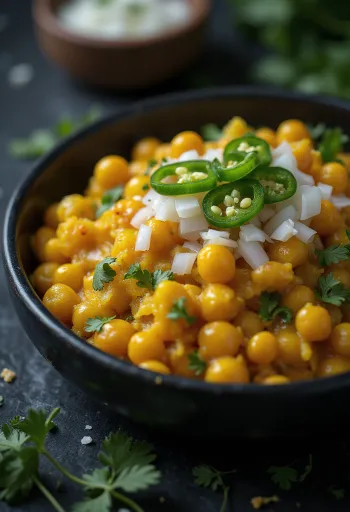 Ghugni chaat com molho de tamarindo, piri-piri verde e coentros frescos