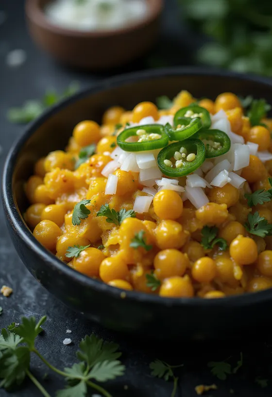 Ghugni chaat com molho de tamarindo, piri-piri verde e coentros frescos