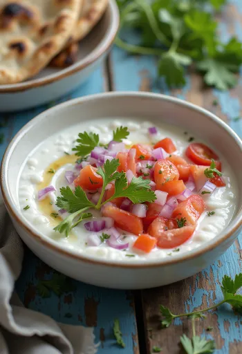 Raita de tomate e cebola, com iogurte, coentros frescos e tomate