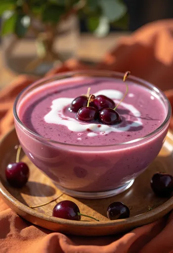 Sopa fria de ginja refrescante decorada com chantilly, servida em taça branca.