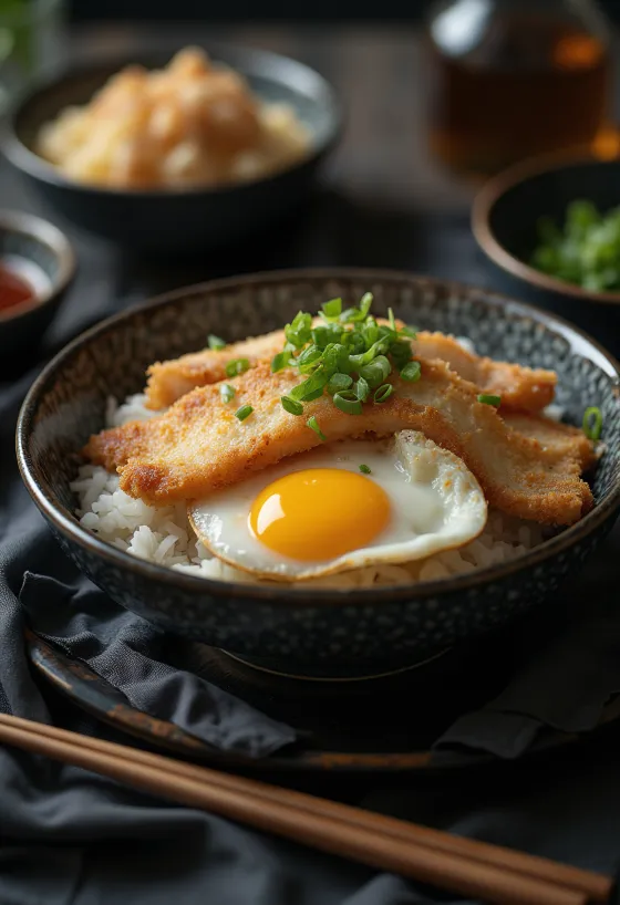Katsudon panado de porco japonês servido com arroz