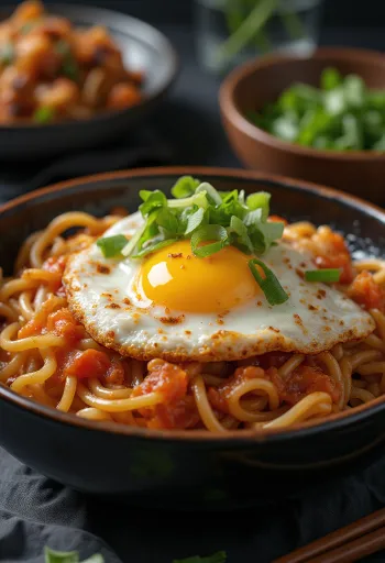 Massa com Kimchi em molho rico de soja, servida com ovo e cebolinho