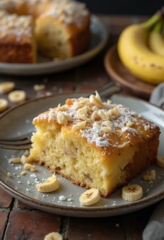 Bolo de banana e coco polvilhado com açúcar em pó e decorado com coco ralado