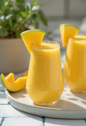Smoothie de manga em copo alto, decorado com fatias de manga