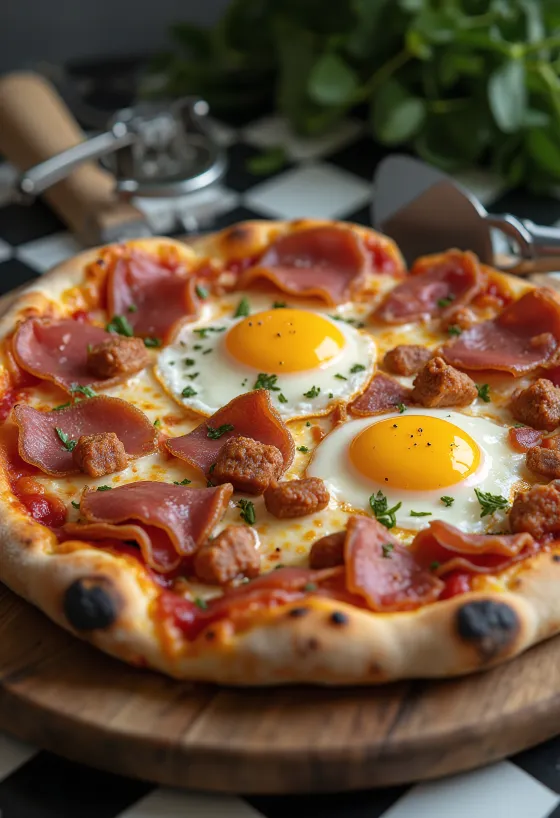 Pizza alla Pancetta e Uova com pancetta crocante e ovo