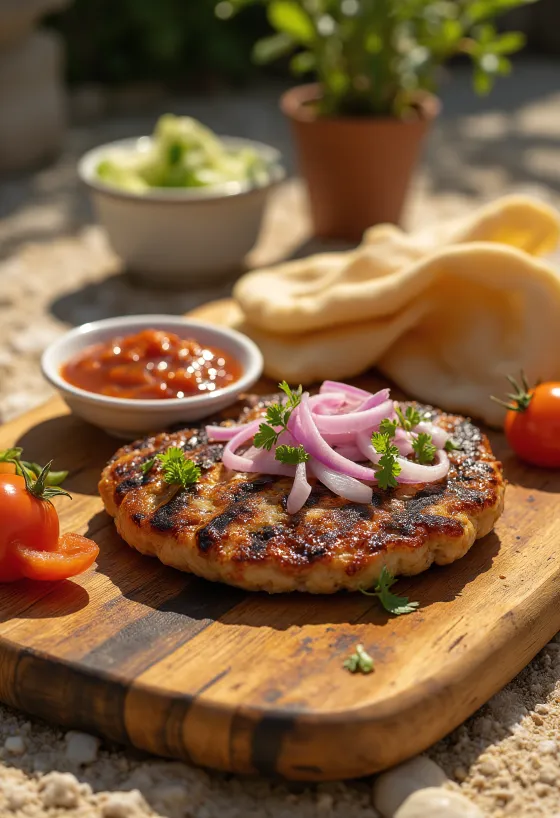 Pljeskavica, hambúrguer sérvio com ajvar e batatas fritas