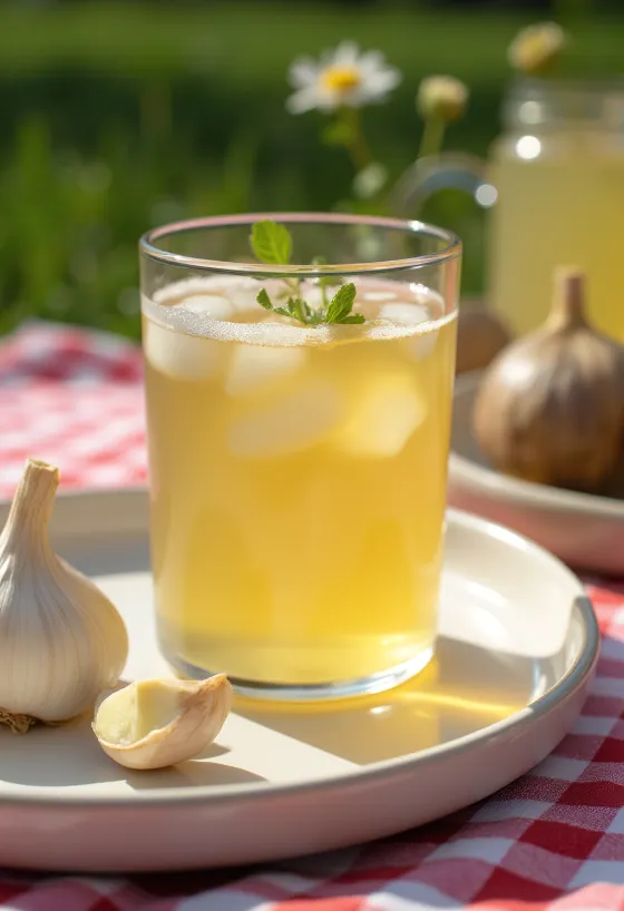 Frasco de kombucha amarelada com dentes de alho no fundo