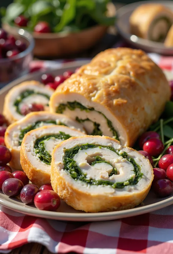 Turkey roulade with cranberries servido com vegetais.