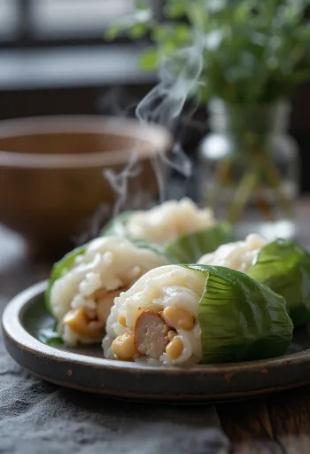 Zongzi Tradicional, com recheio de carne e embrulhado em folhas de bambu