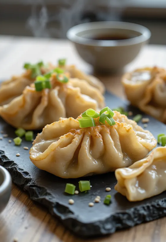 Gyoza japonês com recheio de frango, em massa de base tostada, com molho de soja