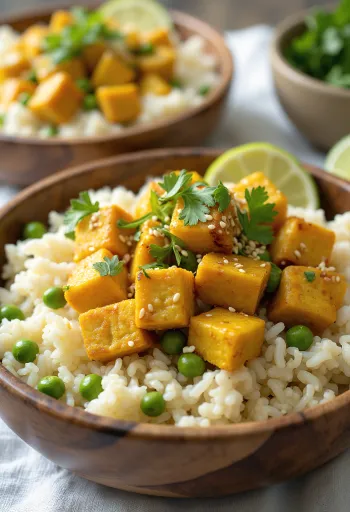Arroz de couve-flor com tofu ao caril