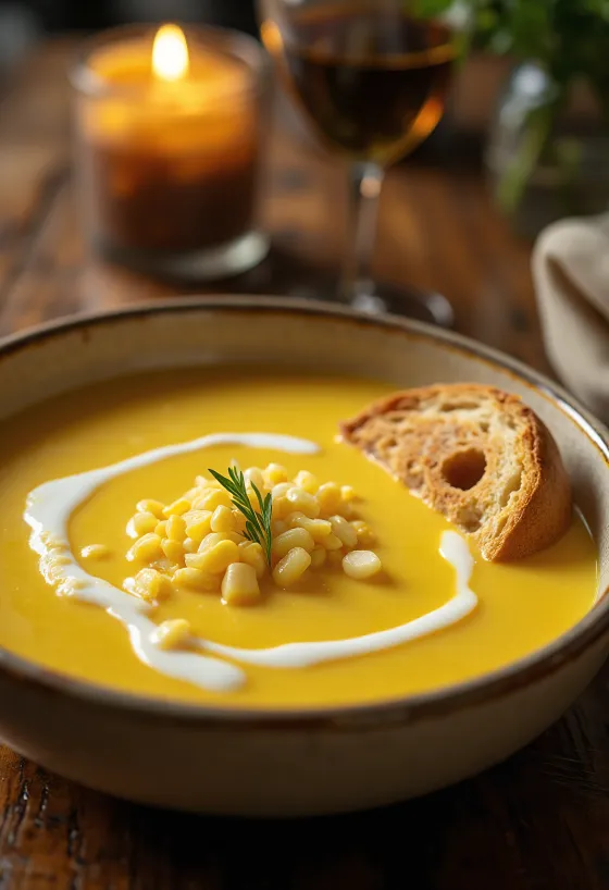 Sopa creme de milho cremosa decorada com salsa fresca, servida em taça branca.